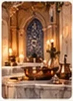 A domed marble hamam room lit by candles