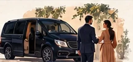 A couple meets their driver beside a black van