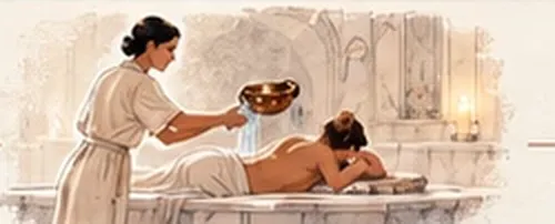 A therapist pours warm water during a hamam ritual